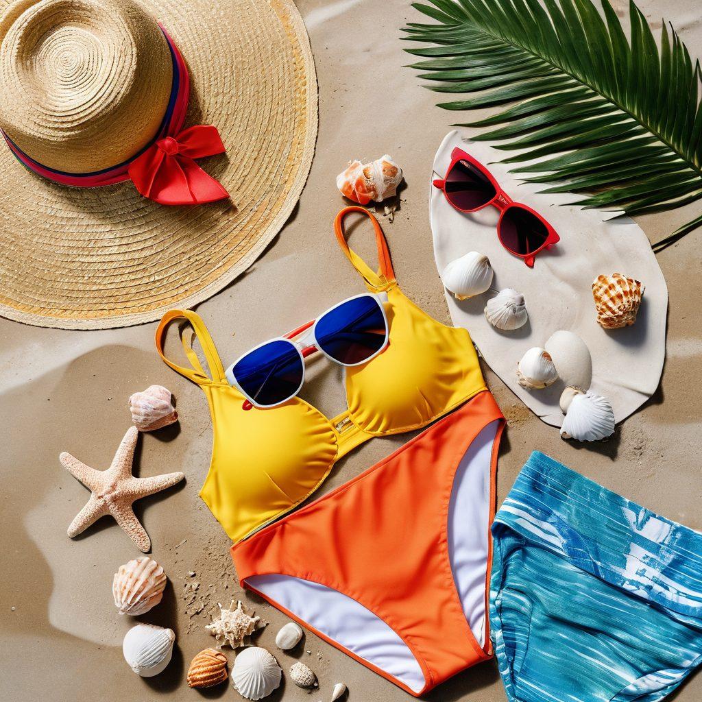 A beautifully arranged flat lay of vibrant swimwear essentials including colorful bikinis, beach cover-ups, sunglasses, and tropical accessories like seashells and a straw hat. The setting is a sandy beach with the ocean waves in the background, evoking a sunny vacation vibe. The colors should be bright and inviting, capturing the essence of summer fashion. Use a soft focus to enhance the dreamy beach atmosphere. vibrant colors. super-realistic.